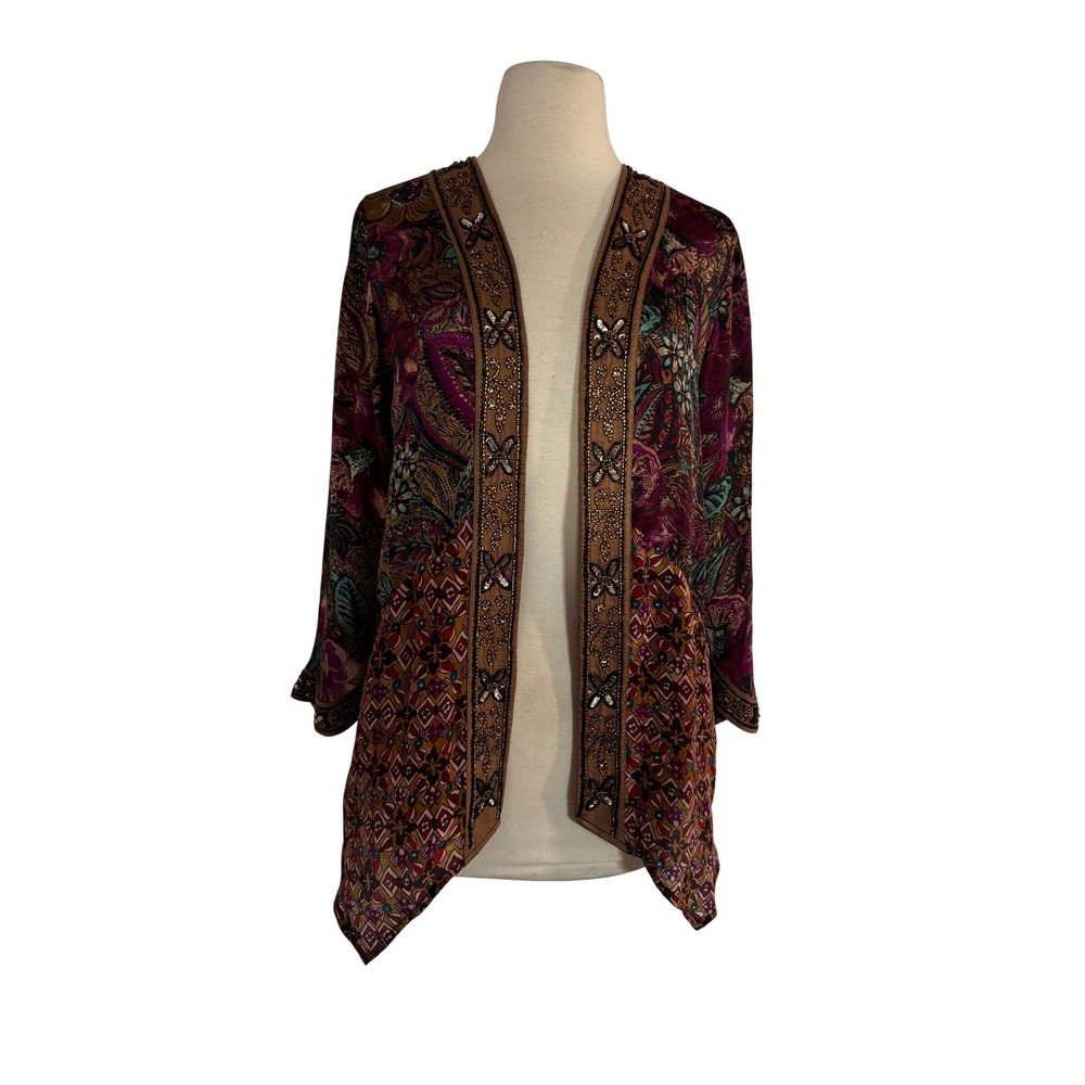 Soft Surroundings Beaded Floral Kimono Jacket Open Front Burgundy Gold Multi XS